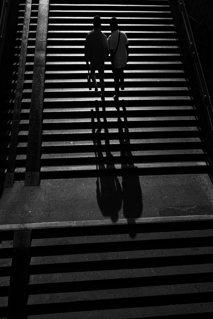 Black and white image of two silhouetted figures walking up an urban staircase with dramatic shadows.